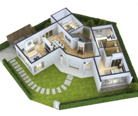 An example of a 3d view with garden made by Floorplanner