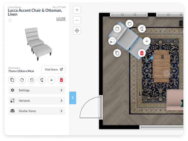 Screenshot showing furniture placement options in Floorplanner room planner