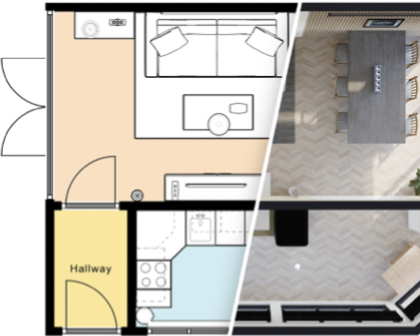 Split view showing 2D floor plan and 3D top view render from Floorplanner