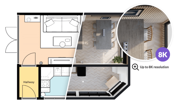 Example of 8k high-resolution 2D and 3D floor plans created with Floorplanner