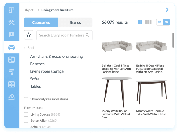 Floorplanner furniture library showing living room models for interior design